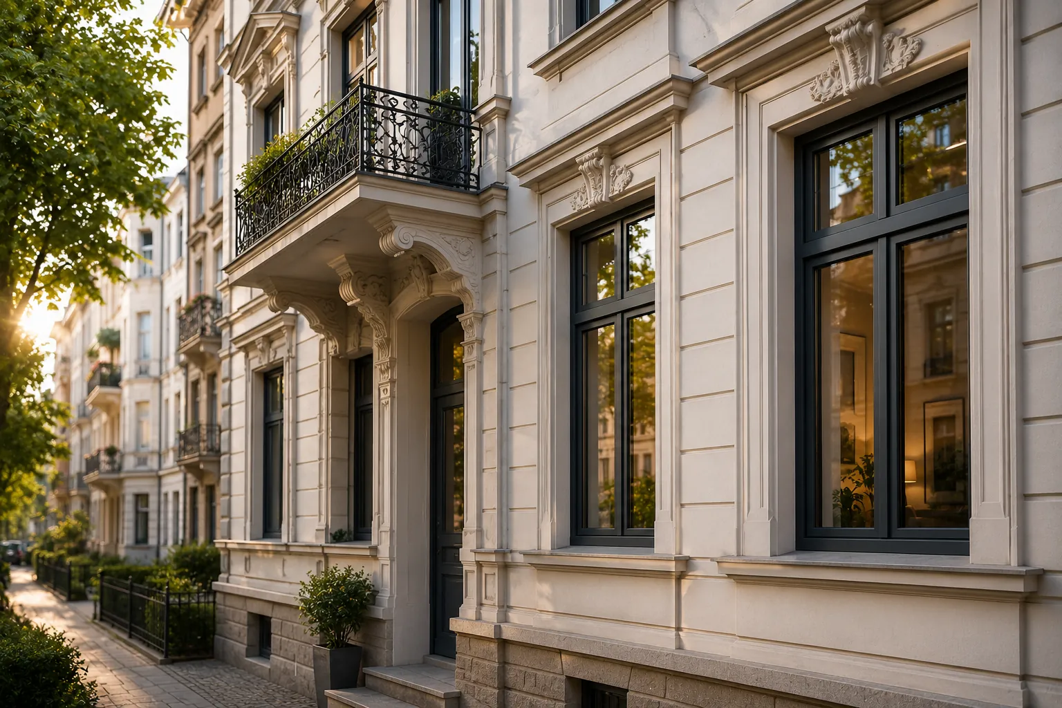 Klassische Altbau-Fassade mit maßgefertigten Fenstern