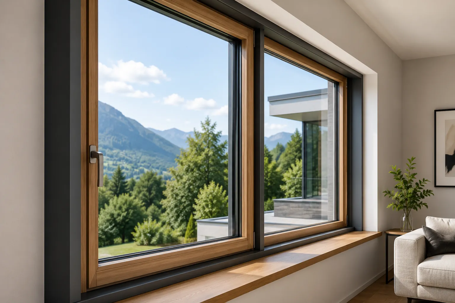 Holzfenster mit natürlicher Maserung und Ausblick ins Grüne