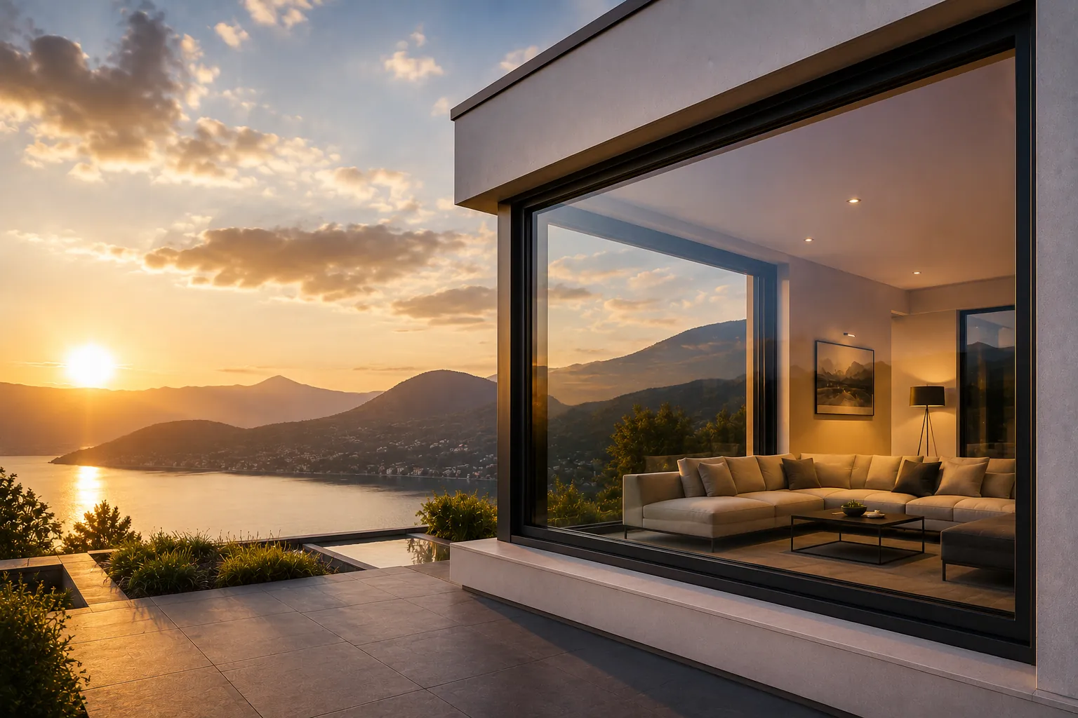 Modernes Haus mit großer Fensterfront und Blick auf einen See bei Sonnenuntergang