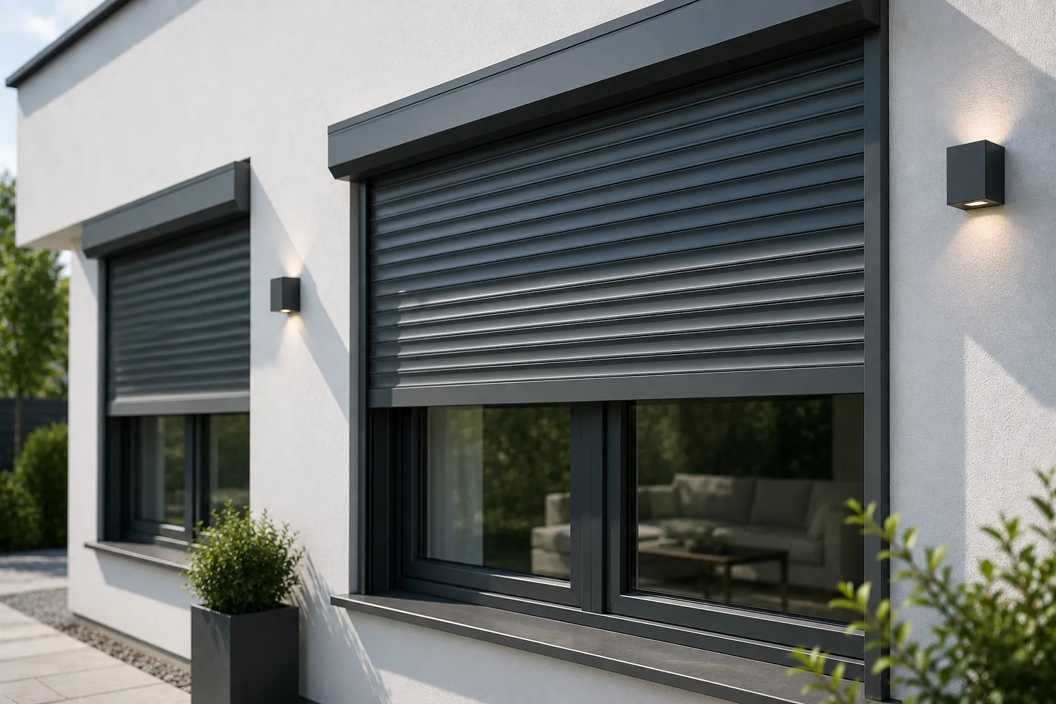 Fenster mit teilweise geschlossenem Rollladen